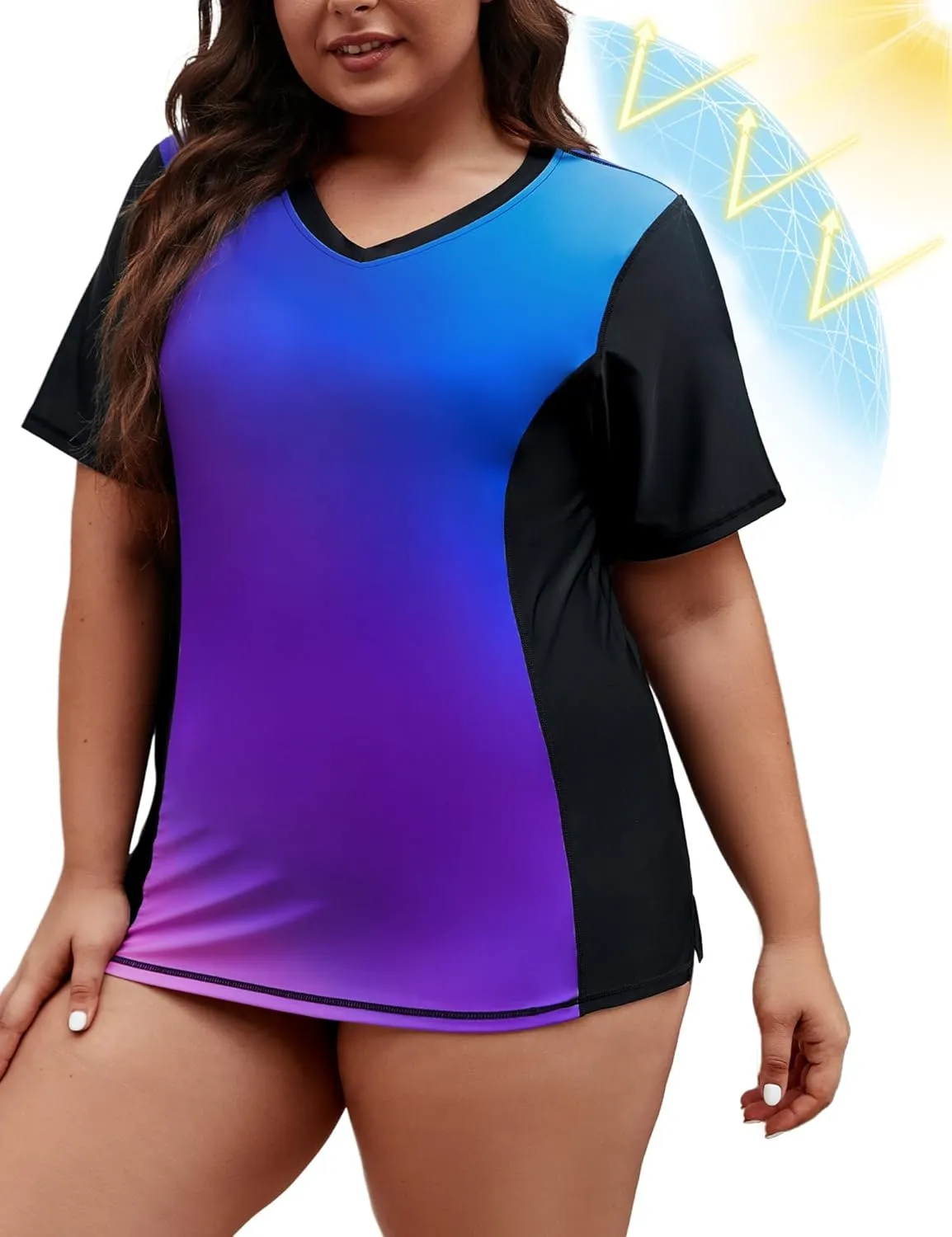 Tournesol Women's Plus Size Rash Guard UV Sun Protection Swim Shirts Short Sleeve Swimwear Swimsuit Tops