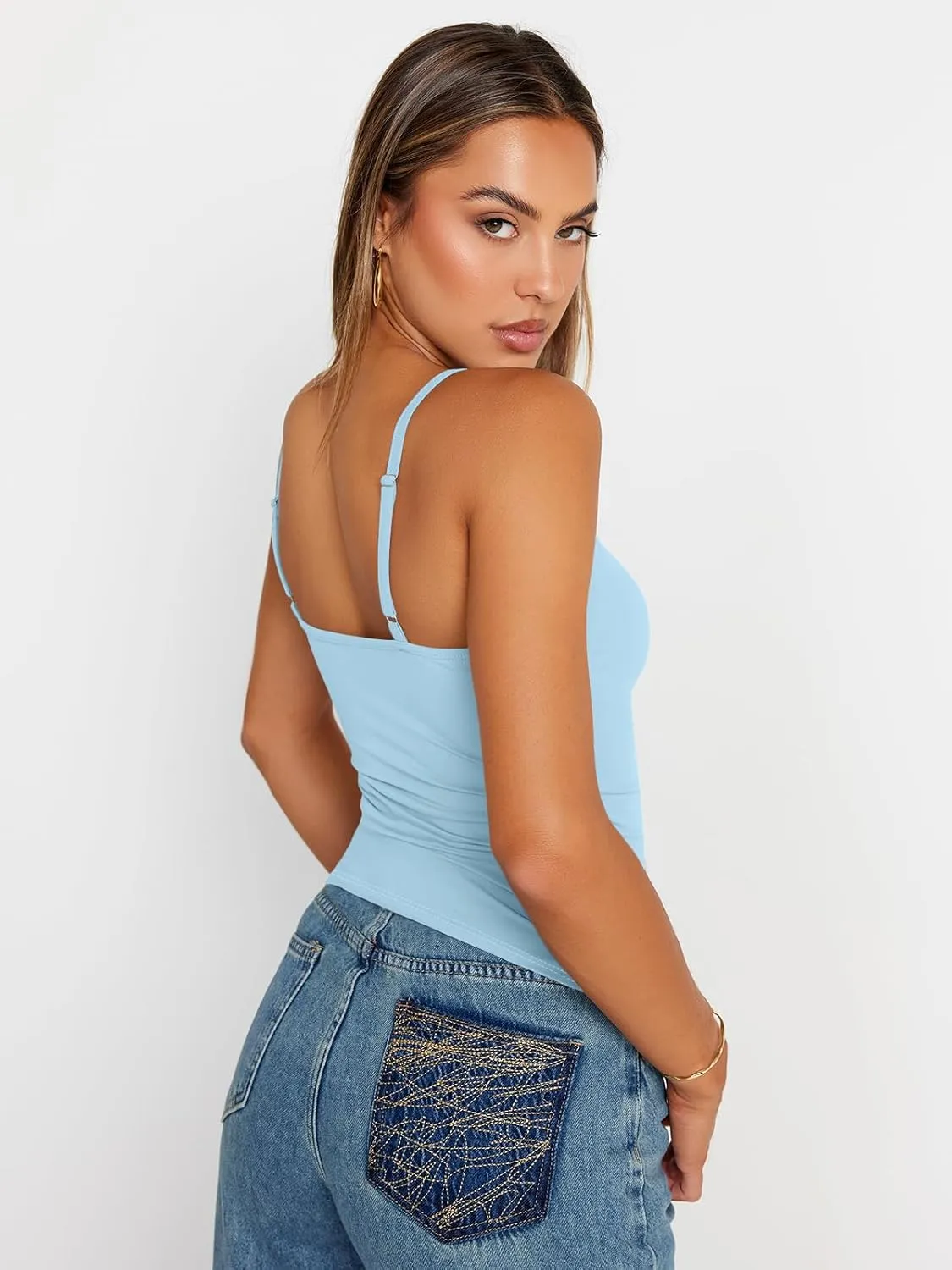Trendy Queen Womens Adjustable Camisole Sleeveless Square Neck Spaghetti Strap Tank Tops Basic Shirt
