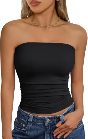Trendy Queen Womens Cute Summer Tube Tops Going Out Strapless Ruched Backless Sleeveless Bandeau Y2k Clothes 2025