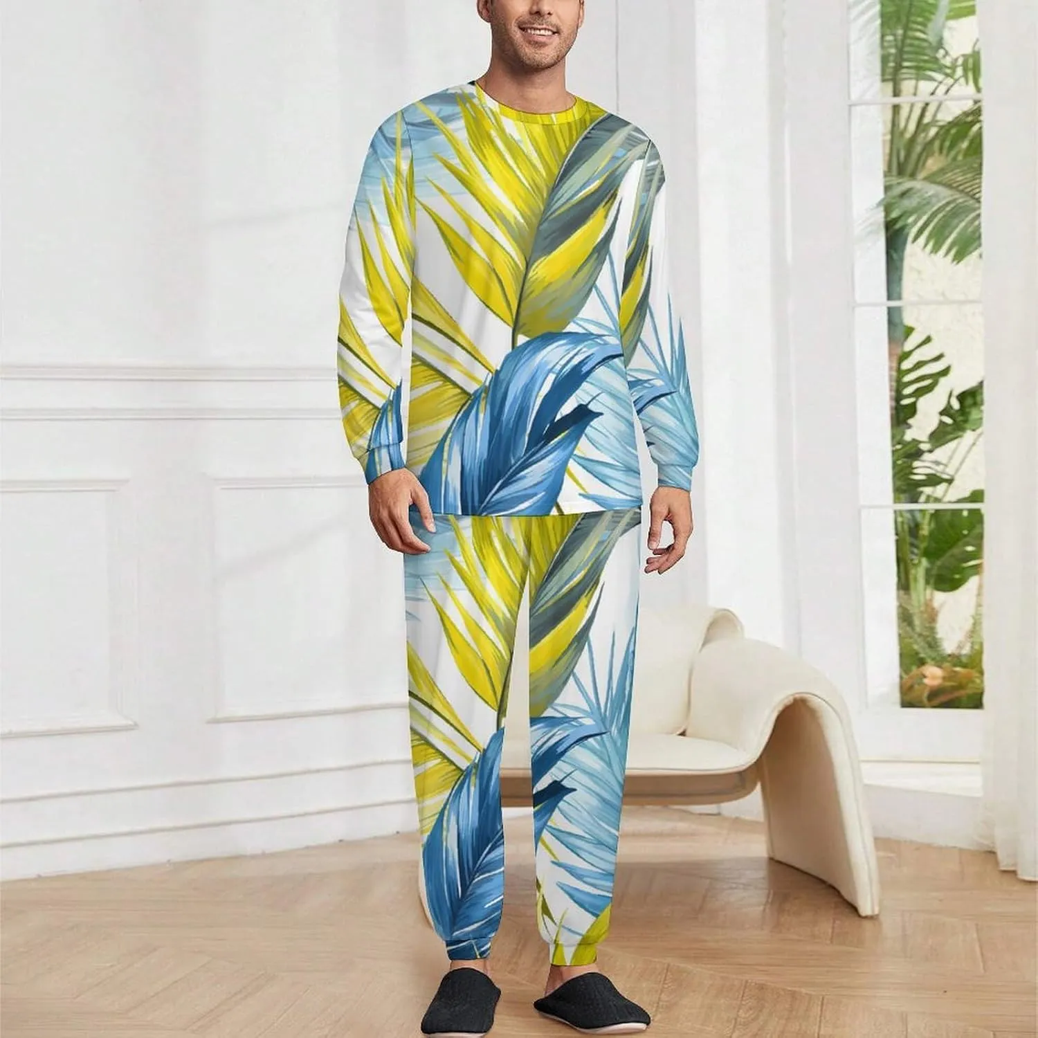 Tropical Leaves Men's Pajamas Sets Round Neck Long Sleeve Shirts And Bottoms 2 Piece Pjs Loungewear