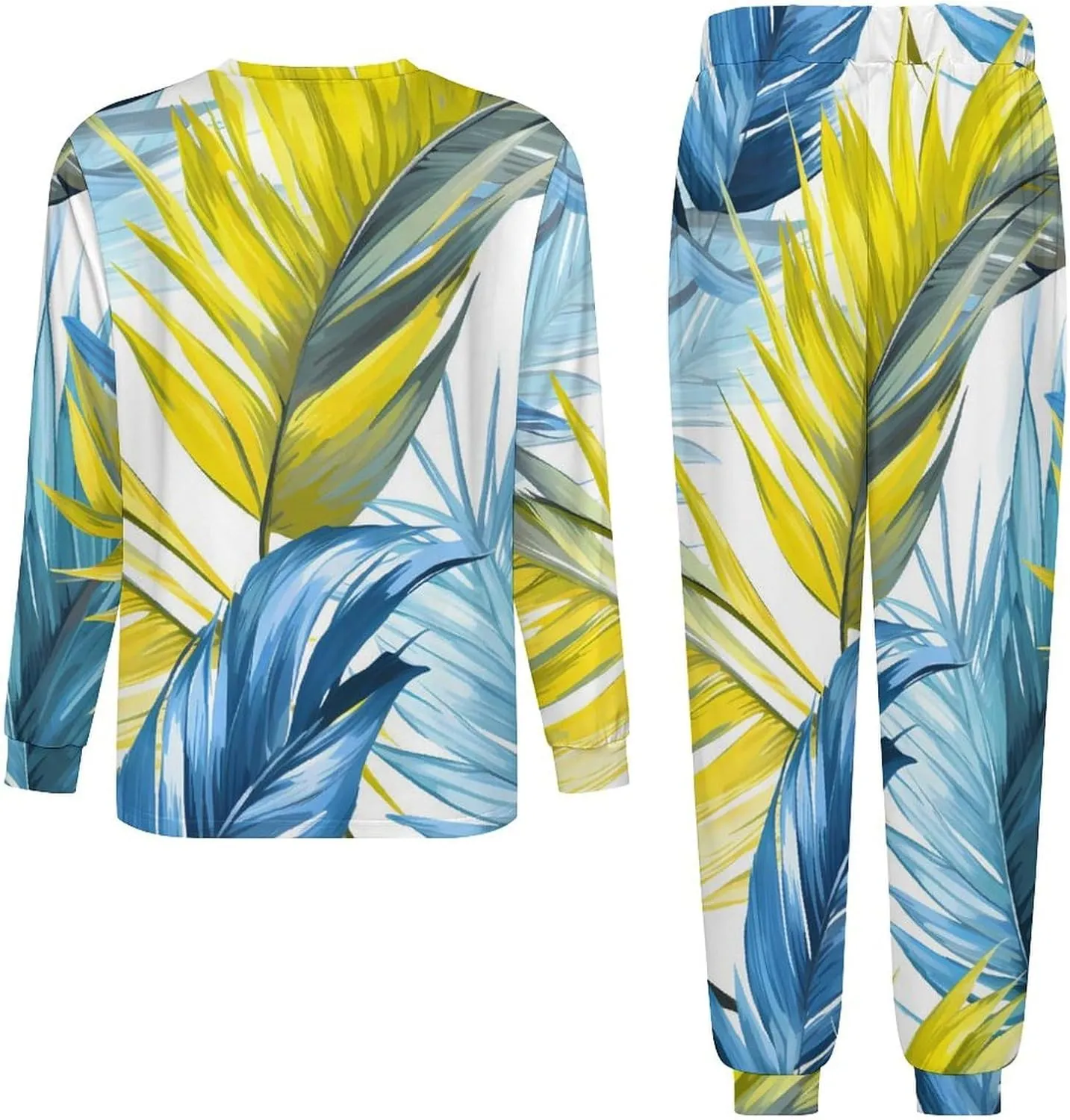 Tropical Leaves Men's Pajamas Sets Round Neck Long Sleeve Shirts And Bottoms 2 Piece Pjs Loungewear