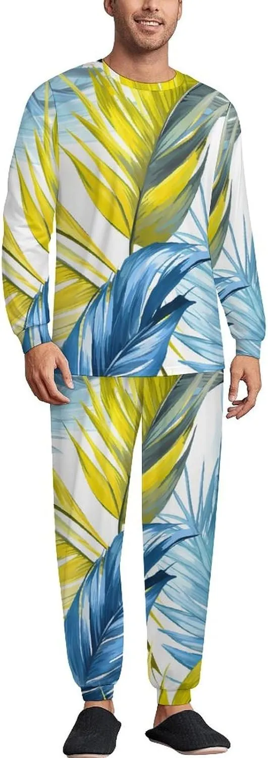 Tropical Leaves Men's Pajamas Sets Round Neck Long Sleeve Shirts And Bottoms 2 Piece Pjs Loungewear