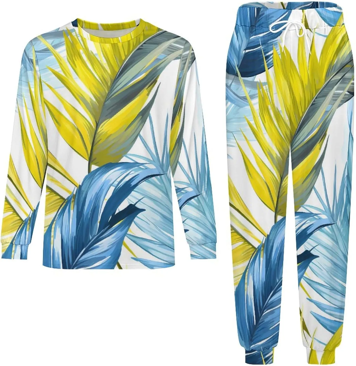 Tropical Leaves Men's Pajamas Sets Round Neck Long Sleeve Shirts And Bottoms 2 Piece Pjs Loungewear