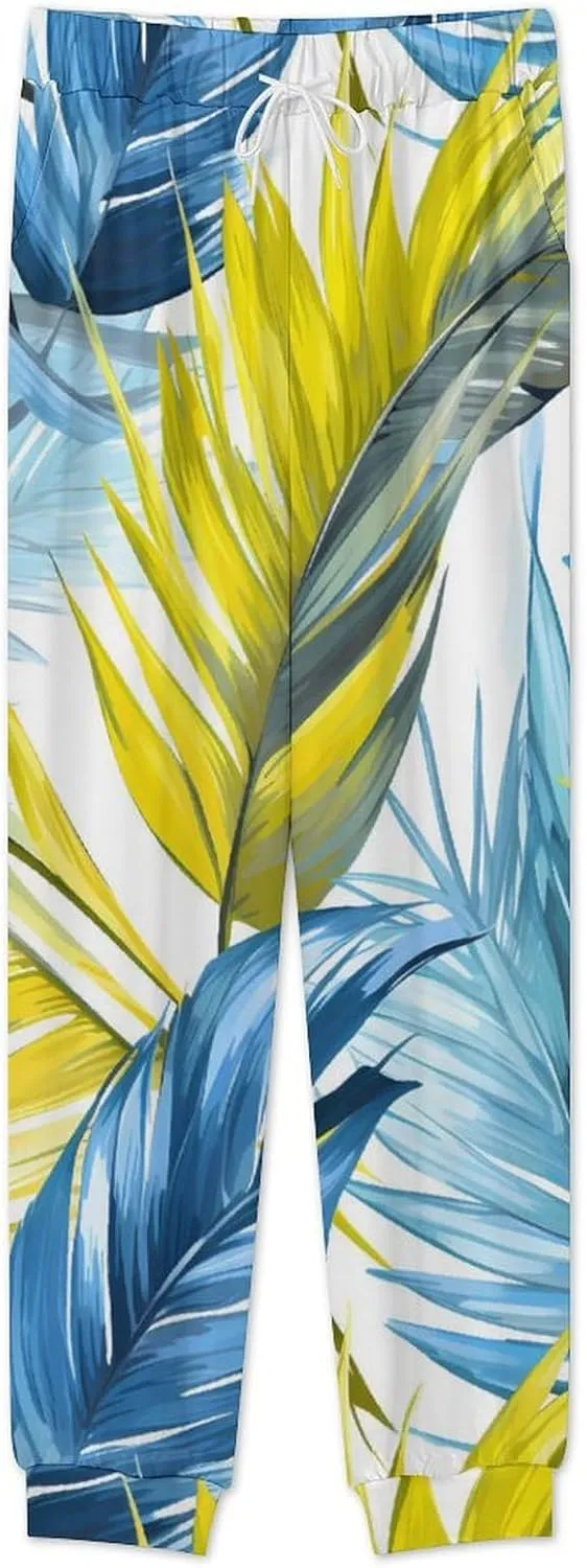 Tropical Leaves Men's Pajamas Sets Round Neck Long Sleeve Shirts And Bottoms 2 Piece Pjs Loungewear