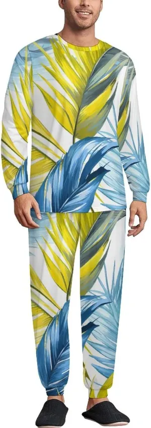 Tropical Leaves Men's Pajamas Sets Round Neck Long Sleeve Shirts And Bottoms 2 Piece Pjs Loungewear