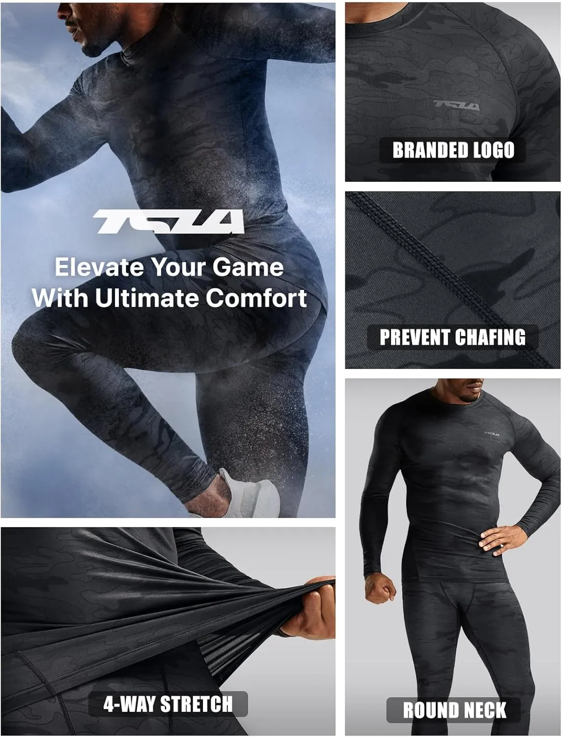 TSLA Men's UPF 50  Compression Shirts, Cool Dry Long Sleeve Athletic Tops, Sports Baselayer Workout Shirt