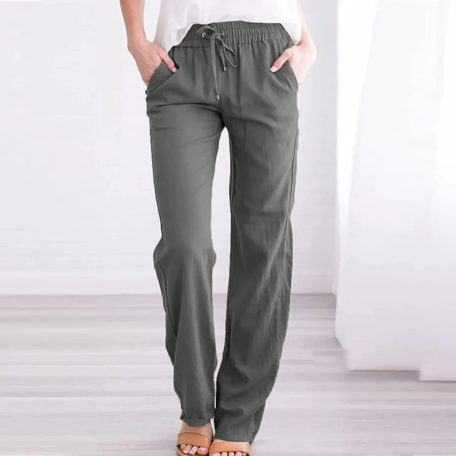 tuduoms Women Linen Casual Pants Summer Fashion Solid Elastic High Wasited Straight Pants Comfy Beach Trousers with Pockets