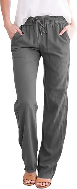 tuduoms Women Linen Casual Pants Summer Fashion Solid Elastic High Wasited Straight Pants Comfy Beach Trousers with Pockets