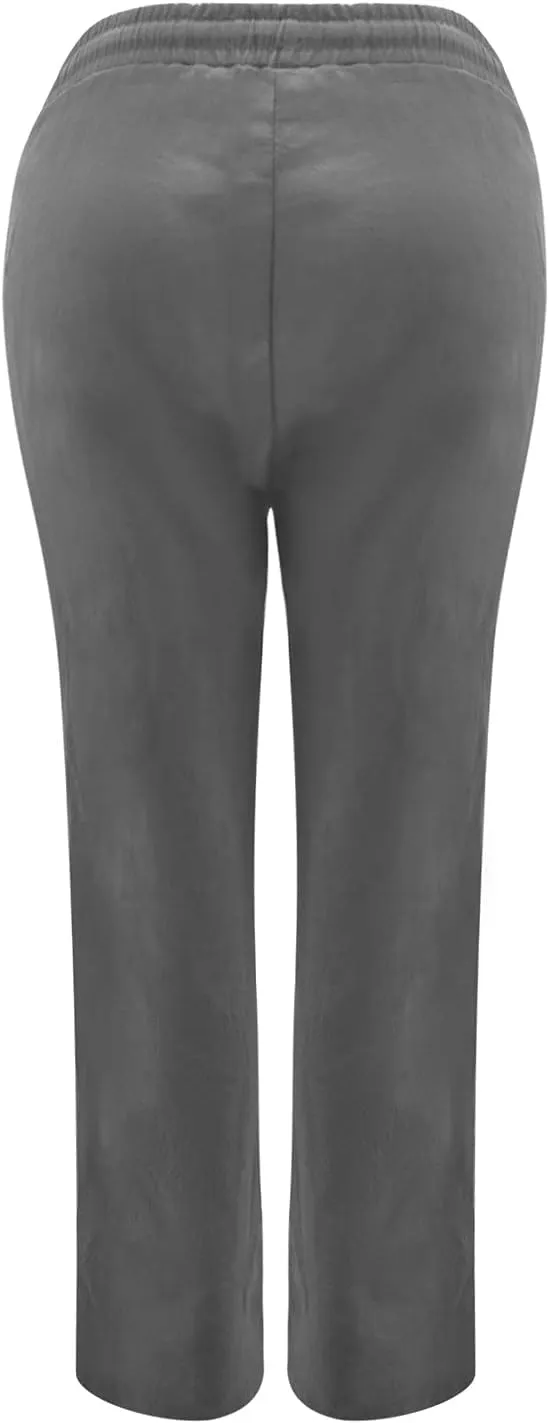 tuduoms Women Linen Casual Pants Summer Fashion Solid Elastic High Wasited Straight Pants Comfy Beach Trousers with Pockets