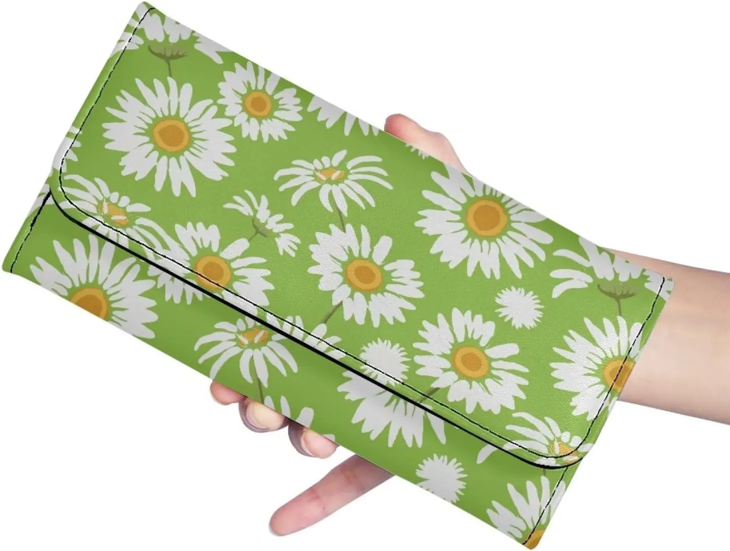 Uasibuni Green Daisy Womens Large Capacity Faux Leather RFID Blocking Wallets Wristlet Clutch Card Holder