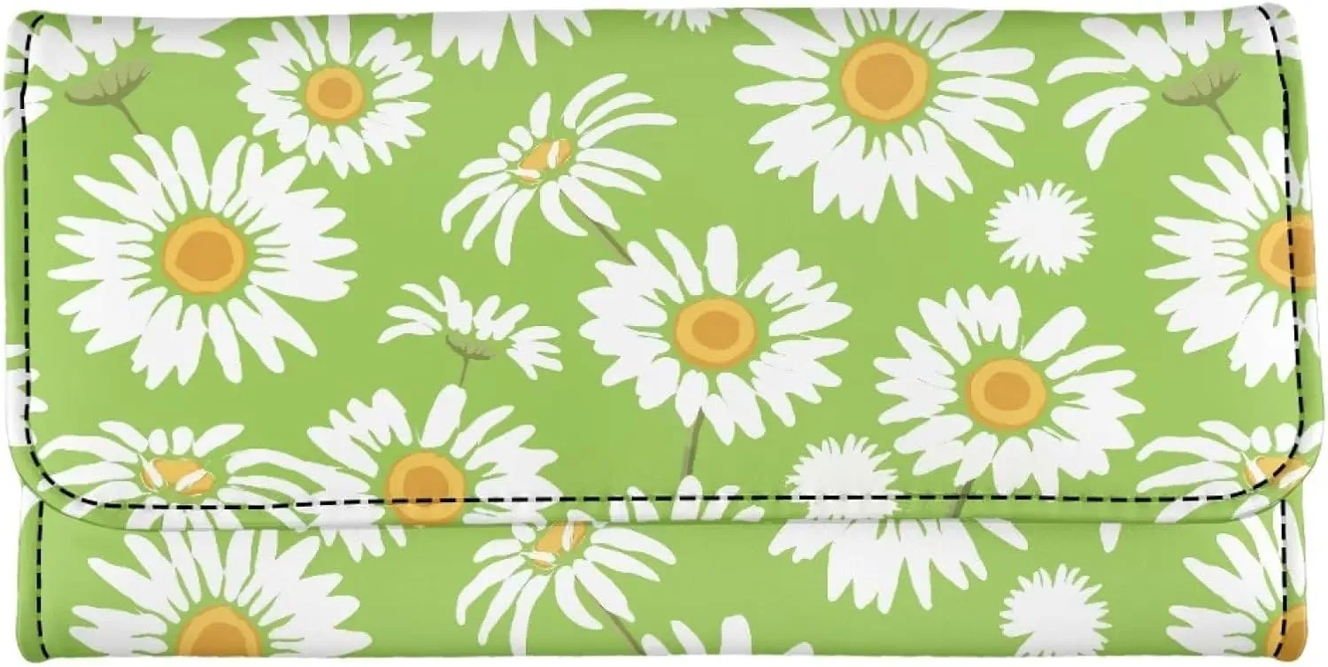 Uasibuni Green Daisy Womens Large Capacity Faux Leather RFID Blocking Wallets Wristlet Clutch Card Holder