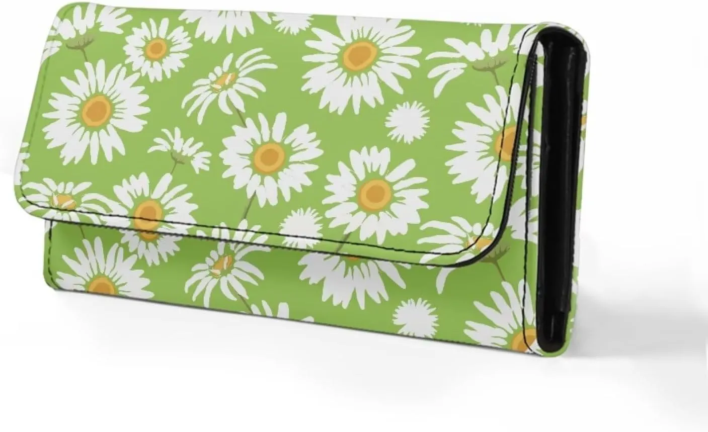 Uasibuni Green Daisy Womens Large Capacity Faux Leather RFID Blocking Wallets Wristlet Clutch Card Holder