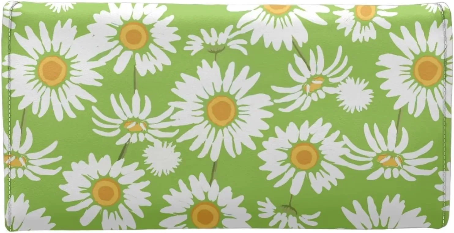 Uasibuni Green Daisy Womens Large Capacity Faux Leather RFID Blocking Wallets Wristlet Clutch Card Holder