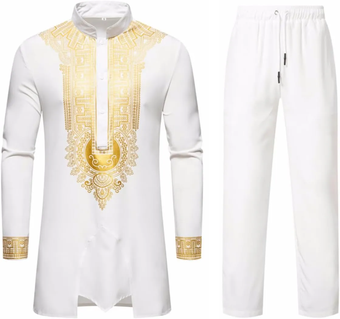 UNINUKOO African Dashiki for Men 2 Piece Sets Traditional Gold Print Shirts and Pants Suit Outfit