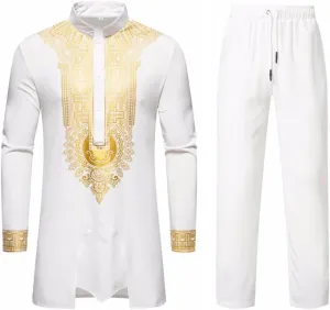 UNINUKOO African Dashiki for Men 2 Piece Sets Traditional Gold Print Shirts and Pants Suit Outfit
