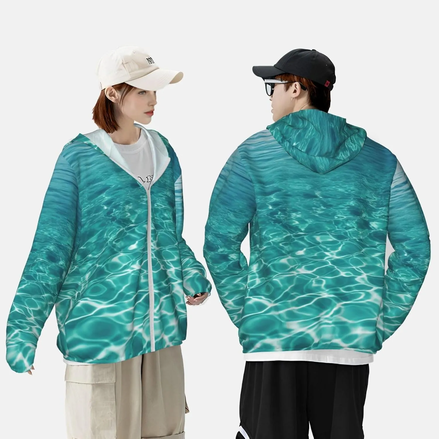 UPF 50  Blue Aqua Pool Water Sun Protection Hoodie Jacket Quick Dry Rash Guard Long Sleeve Sun Shirt