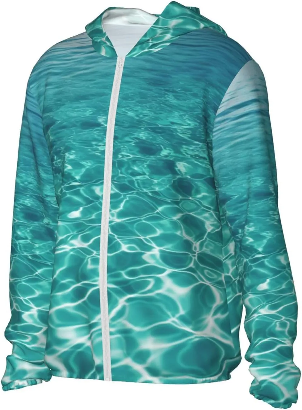 UPF 50  Blue Aqua Pool Water Sun Protection Hoodie Jacket Quick Dry Rash Guard Long Sleeve Sun Shirt