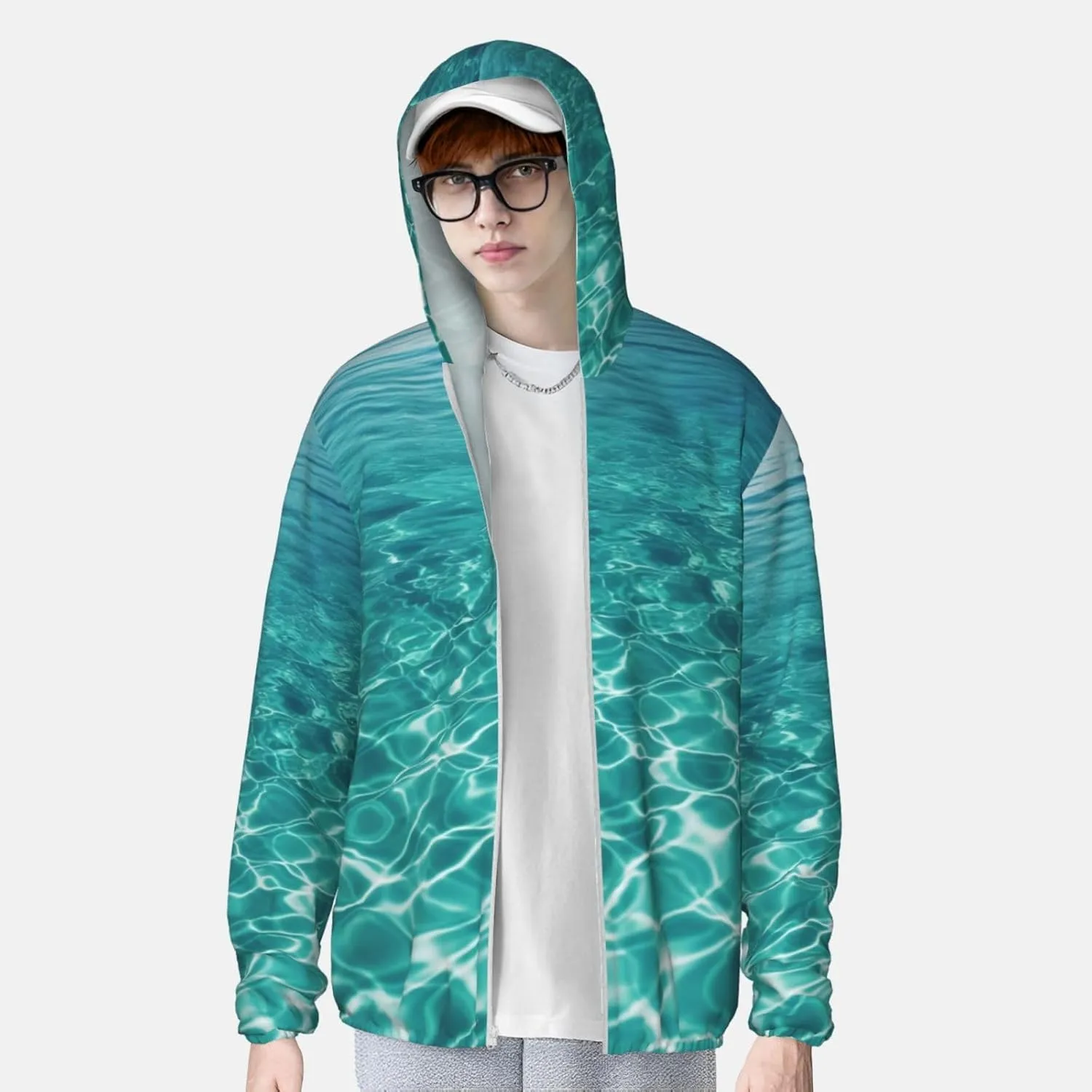 UPF 50  Blue Aqua Pool Water Sun Protection Hoodie Jacket Quick Dry Rash Guard Long Sleeve Sun Shirt