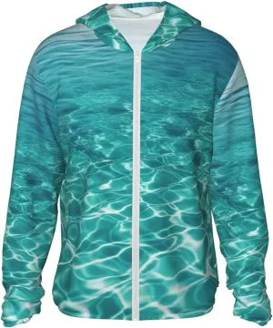 UPF 50  Blue Aqua Pool Water Sun Protection Hoodie Jacket Quick Dry Rash Guard Long Sleeve Sun Shirt