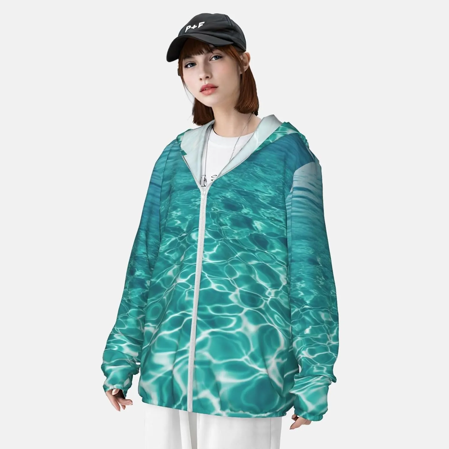 UPF 50  Blue Aqua Pool Water Sun Protection Hoodie Jacket Quick Dry Rash Guard Long Sleeve Sun Shirt