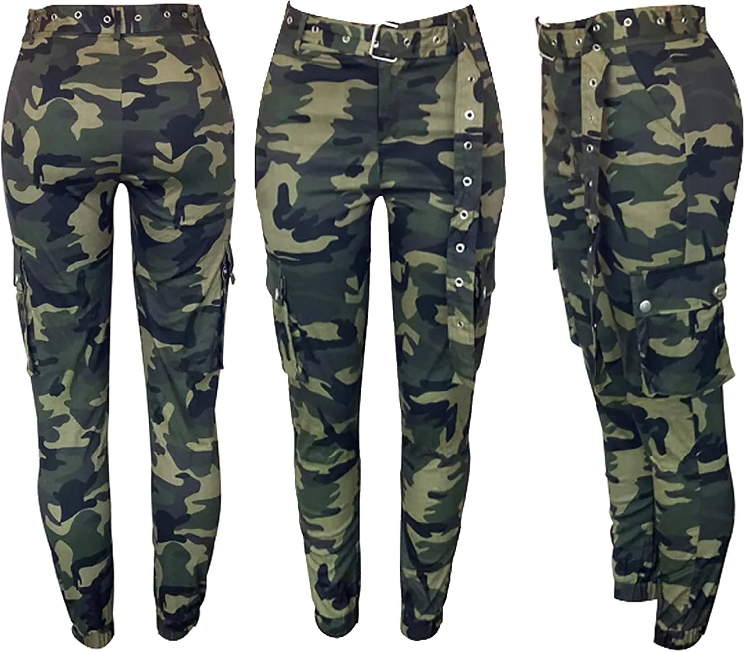Vakkest Women's Camo Cargo Pants High Waist Slim Fit Trousers Camouflage Active Jogger Pocket Sweatpants with Belt