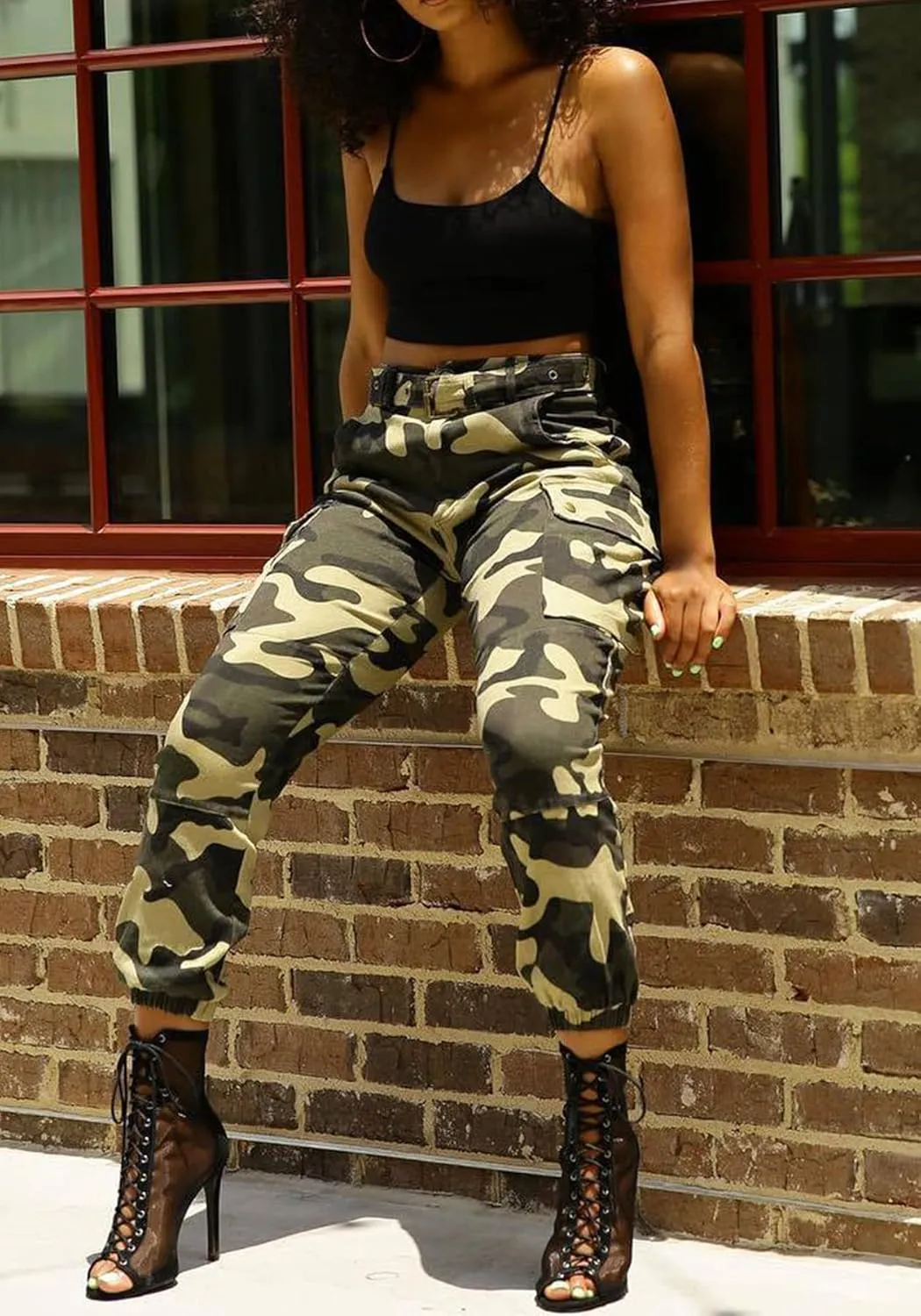 Vakkest Women's Camo Cargo Pants High Waist Slim Fit Trousers Camouflage Active Jogger Pocket Sweatpants with Belt