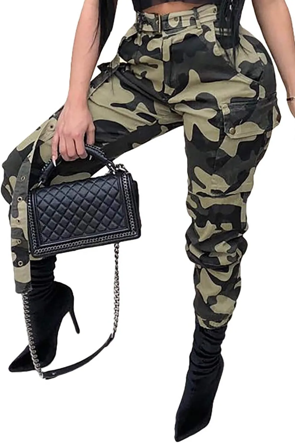 Vakkest Women's Camo Cargo Pants High Waist Slim Fit Trousers Camouflage Active Jogger Pocket Sweatpants with Belt
