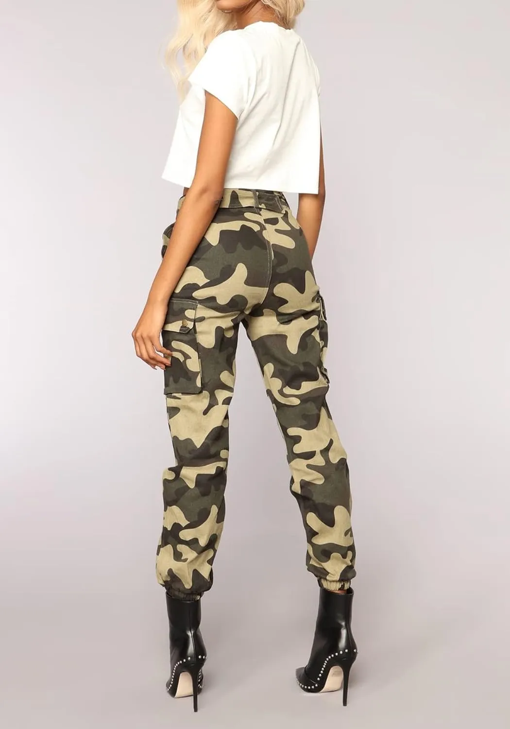 Vakkest Women's Camo Cargo Pants High Waist Slim Fit Trousers Camouflage Active Jogger Pocket Sweatpants with Belt