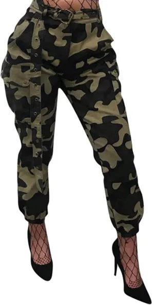 Vakkest Women's Camo Cargo Pants High Waist Slim Fit Trousers Camouflage Active Jogger Pocket Sweatpants with Belt