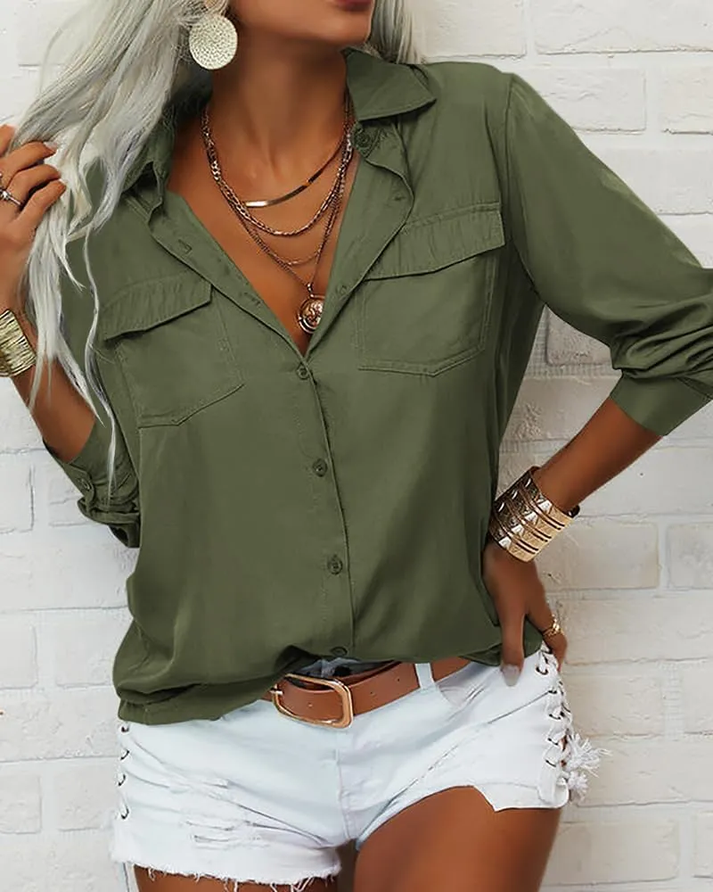 Veatzaer Womens Solid Lapel Long Sleeves Button Down Shirt Top Casual Basic Office Blouse