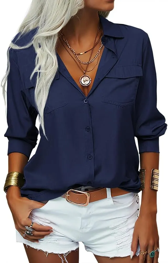 Veatzaer Womens Solid Lapel Long Sleeves Button Down Shirt Top Casual Basic Office Blouse