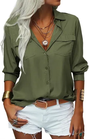 Veatzaer Womens Solid Lapel Long Sleeves Button Down Shirt Top Casual Basic Office Blouse