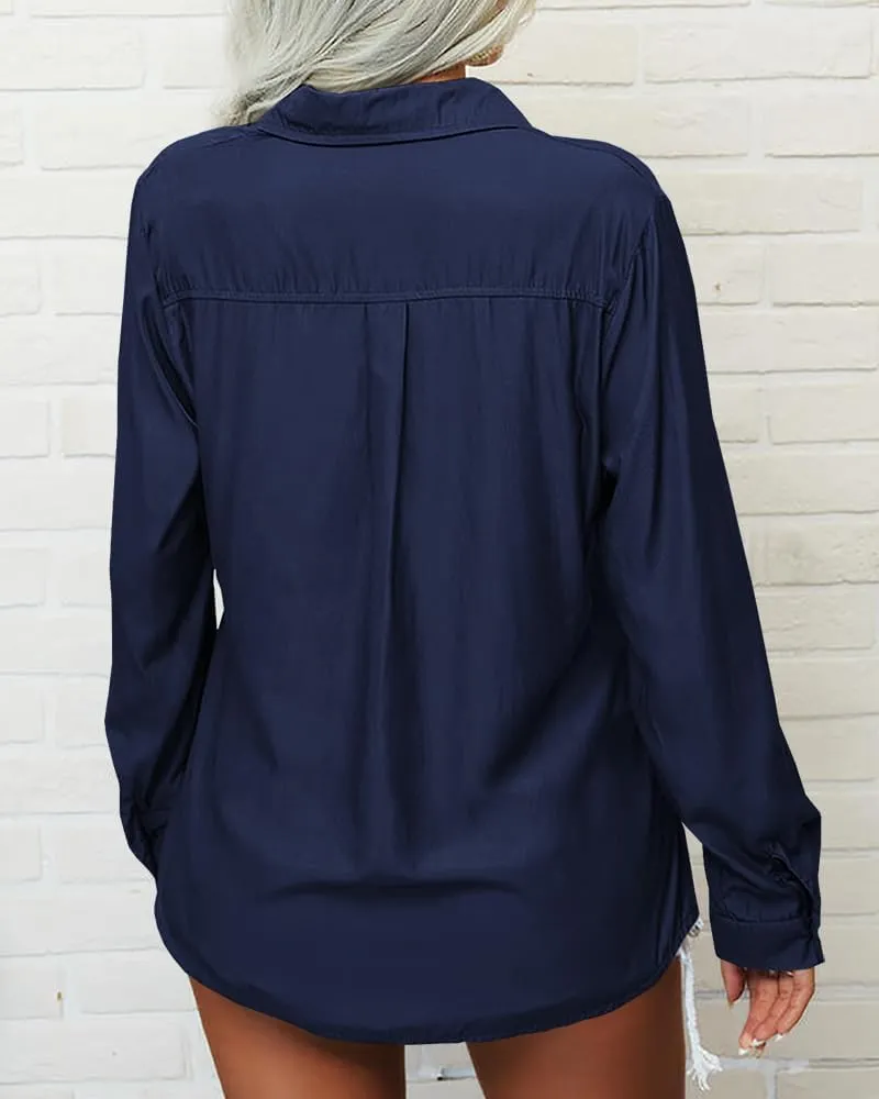 Veatzaer Womens Solid Lapel Long Sleeves Button Down Shirt Top Casual Basic Office Blouse