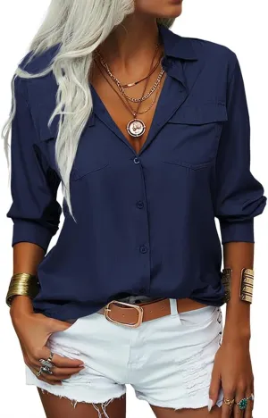 Veatzaer Womens Solid Lapel Long Sleeves Button Down Shirt Top Casual Basic Office Blouse