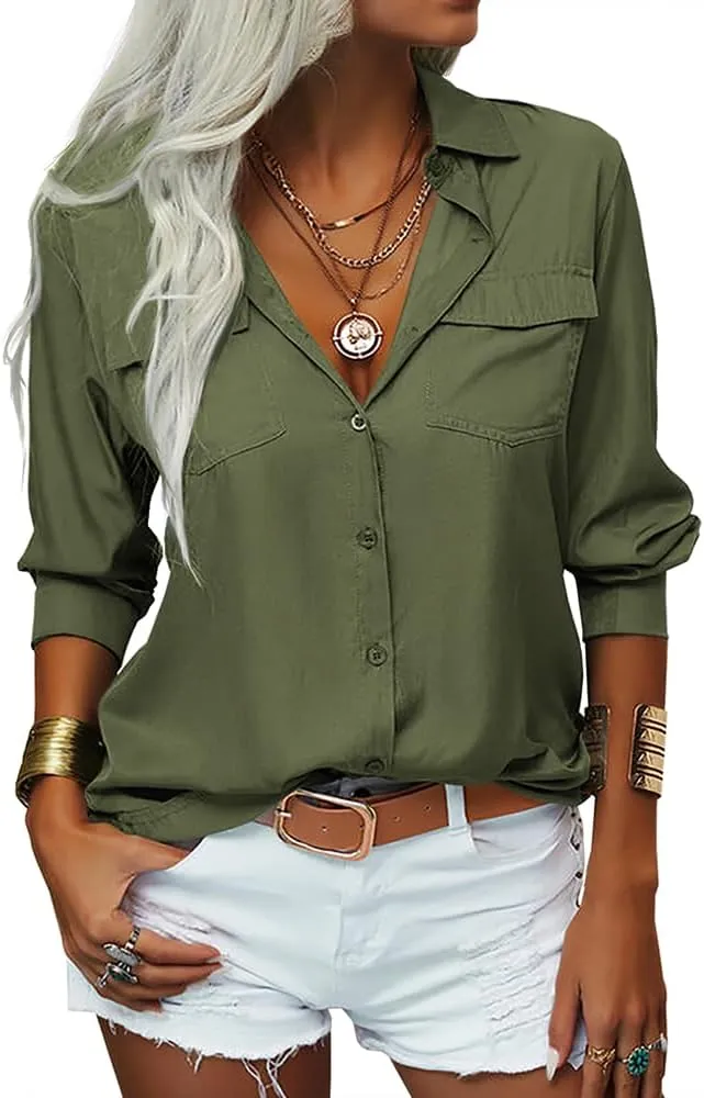 Veatzaer Womens Solid Lapel Long Sleeves Button Down Shirt Top Casual Basic Office Blouse