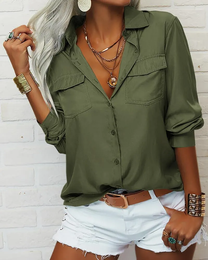 Veatzaer Womens Solid Lapel Long Sleeves Button Down Shirt Top Casual Basic Office Blouse