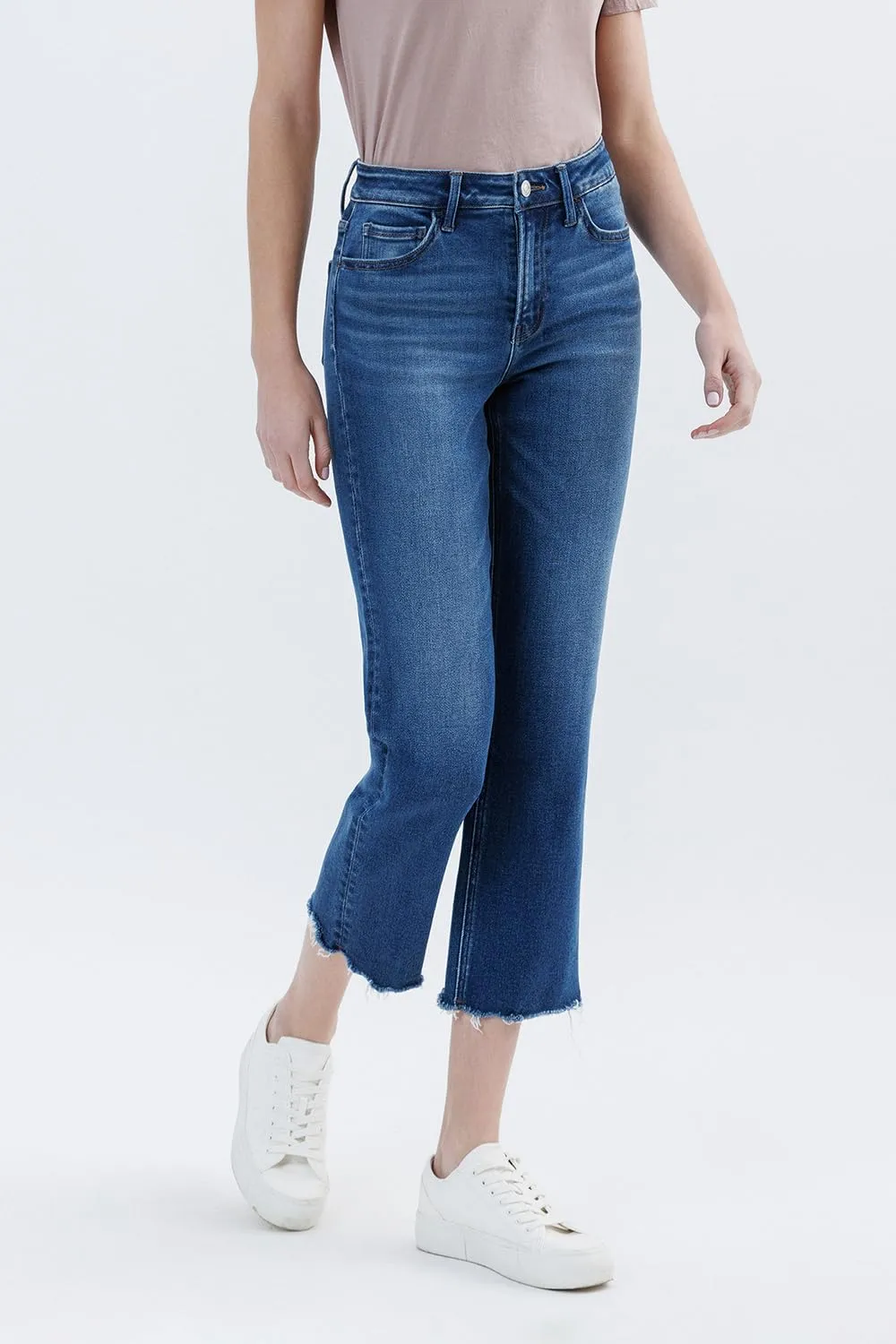 VERVET High Rise Uneven Raw Hem Crop Straight Jeans T6664