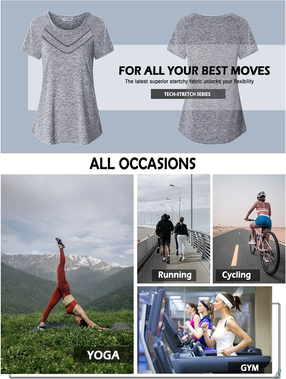 Vindery Women Quick-Dry Line Decor Front Yoga Workout Shirts Athletic Gym Loose Fit Tops