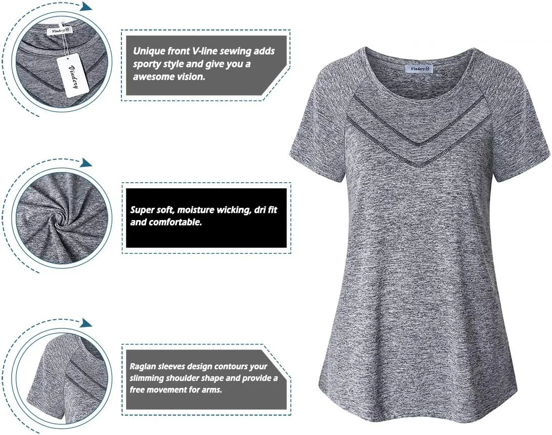 Vindery Women Quick-Dry Line Decor Front Yoga Workout Shirts Athletic Gym Loose Fit Tops
