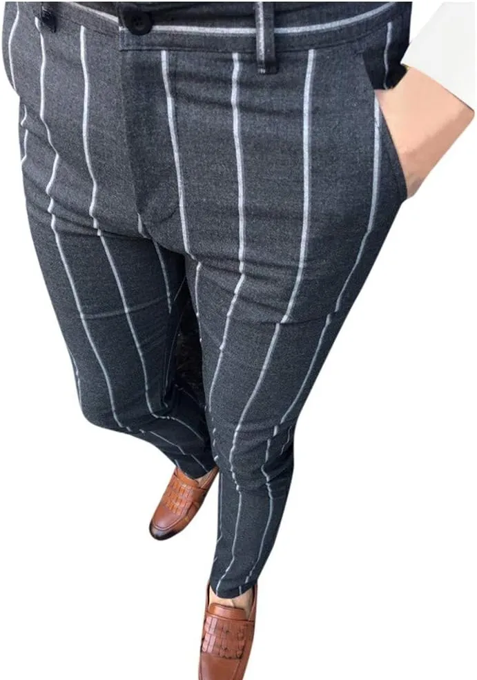 WABEOR Men's Slim Fit Chino Pants Fashion Striped Flat-Front Business Casual Trousers Contrast Color Stretch Skinny Pants Dark Gray