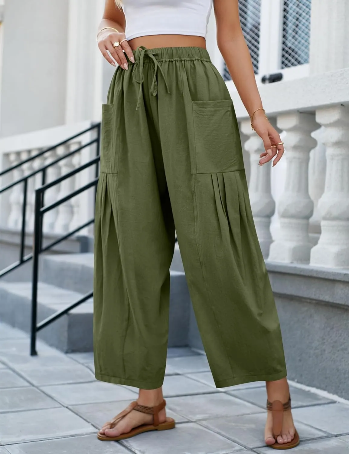 Wanzetaly Womens Linen Wide Leg Pants Casual Elastic Drawstring Waist Trousers Beach Palazzo Harem Pants with Pockets