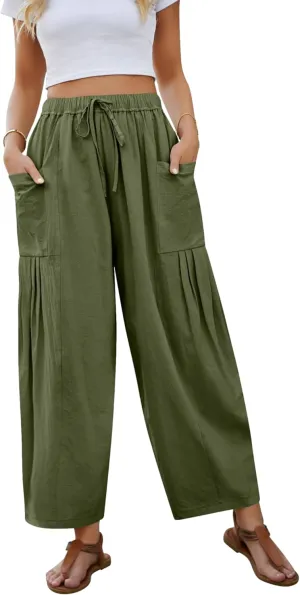 Wanzetaly Womens Linen Wide Leg Pants Casual Elastic Drawstring Waist Trousers Beach Palazzo Harem Pants with Pockets