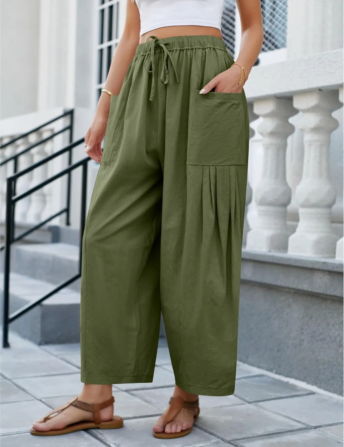 Wanzetaly Womens Linen Wide Leg Pants Casual Elastic Drawstring Waist Trousers Beach Palazzo Harem Pants with Pockets