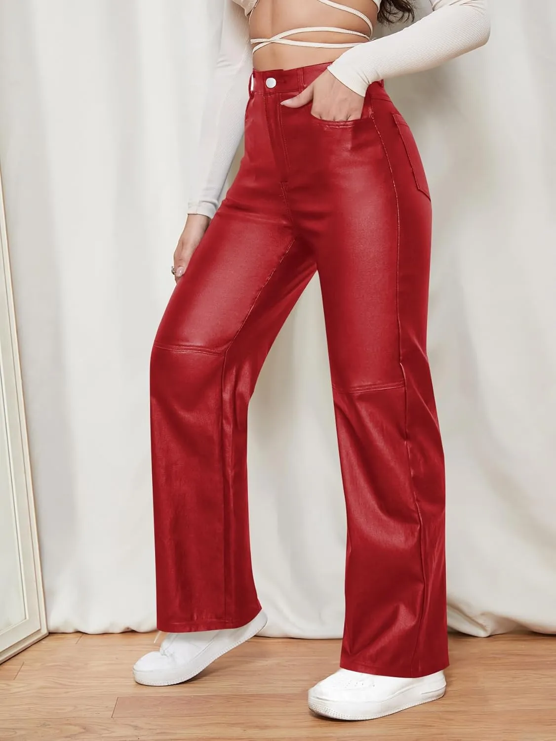 WDIRARA Women's Slant Pocket Straight Leg High Stretch Jeans Leather Look Long Pants