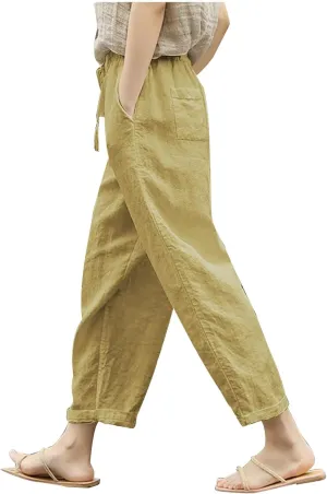 Wide Leg Baggy Pants for Women Summer Drawstring Cotton Linen Pants Beach Lounge Trousers with Pockets