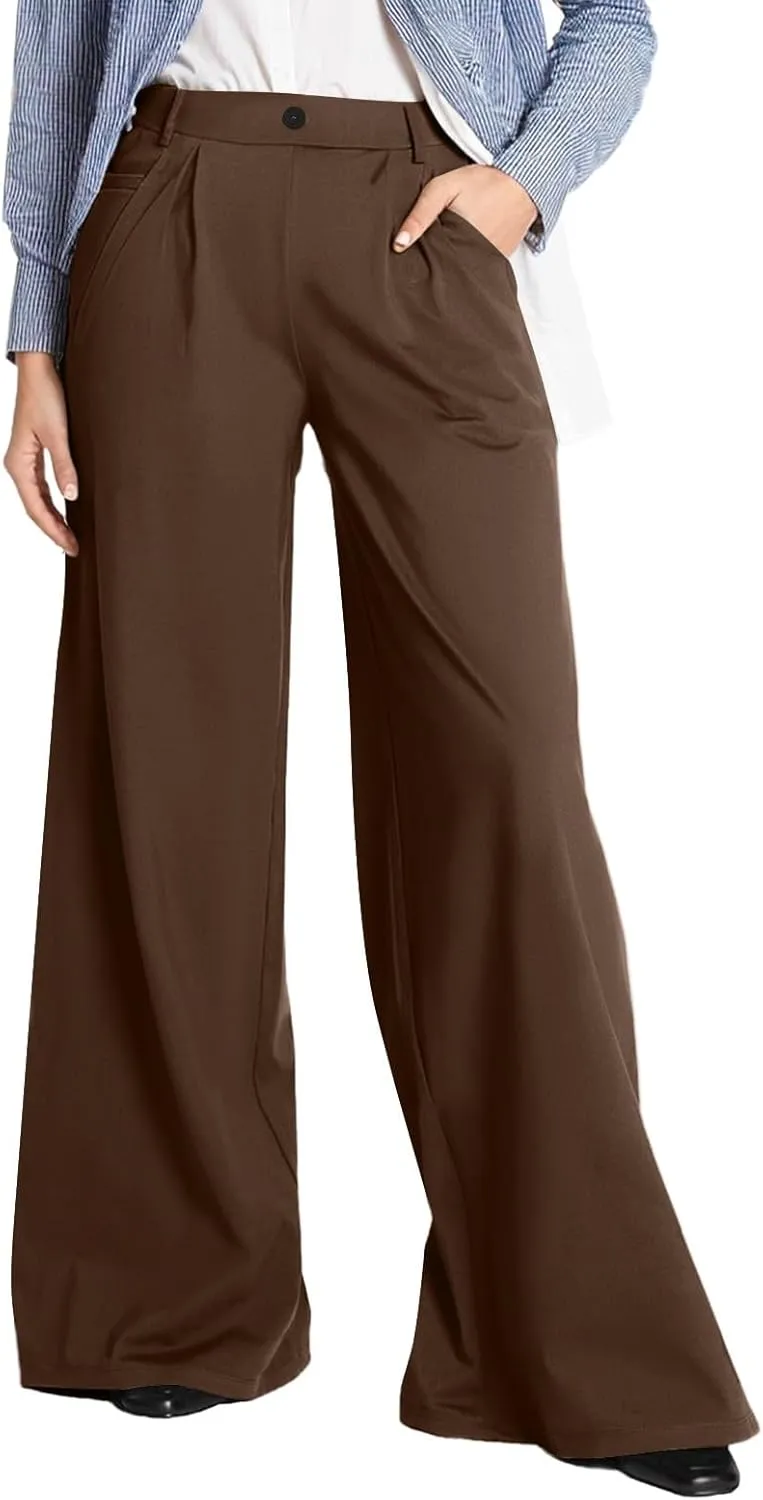 Wide Leg Dress Pants Women Dressy Elastic High Waist Lounge Pant Baggy Y2k Trendy Flared Yoga Pants with Pockets