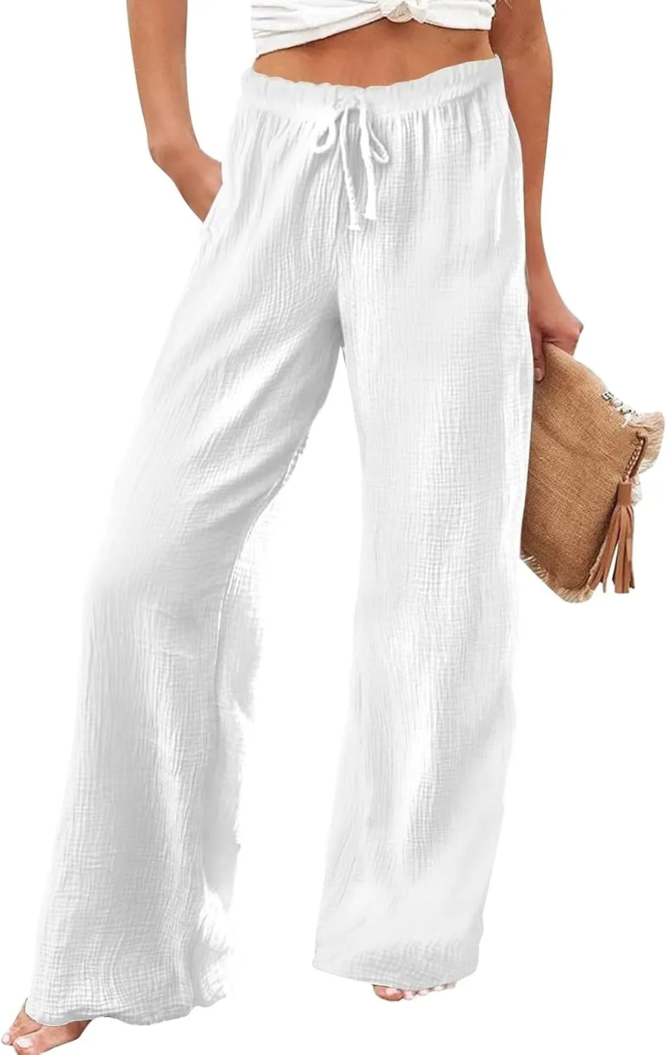 Wide Leg Linen Pant Woman Summer Beach Drawstring Elastic High Waist Palazzo Pant Cotton Linen Trousers with Pockets