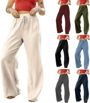 Wide Leg Linen Pant Woman Summer Beach Drawstring Elastic High Waist Palazzo Pant Cotton Linen Trousers with Pockets