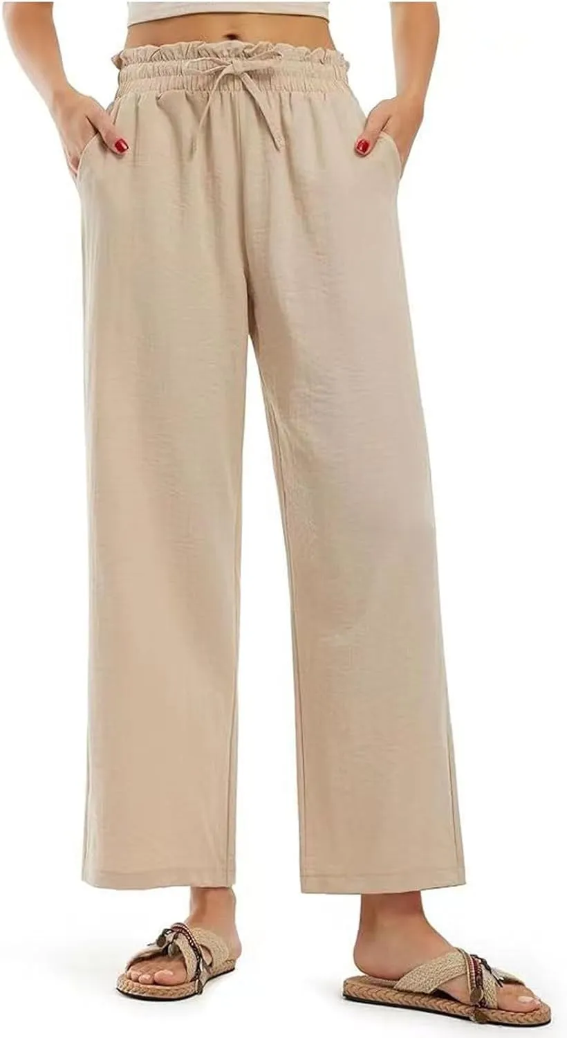 Wide Leg Linen Pants for Women Straight Leg Solid Country Concert Drawstring Cropped Loose Pants with Pockets
