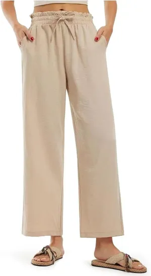 Wide Leg Linen Pants for Women Straight Leg Solid Country Concert Drawstring Cropped Loose Pants with Pockets